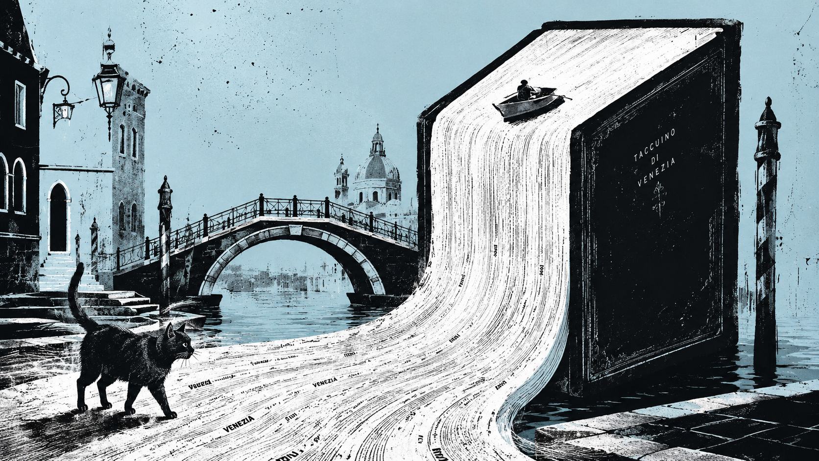 Libro, acqua, Venezia e un gatto: immagine simbolica del capitolo Citazioni